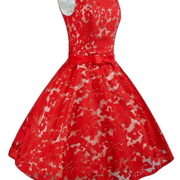 Red Vintage Floral Lace Dress With Contrast Bow - Picture 2 of 7